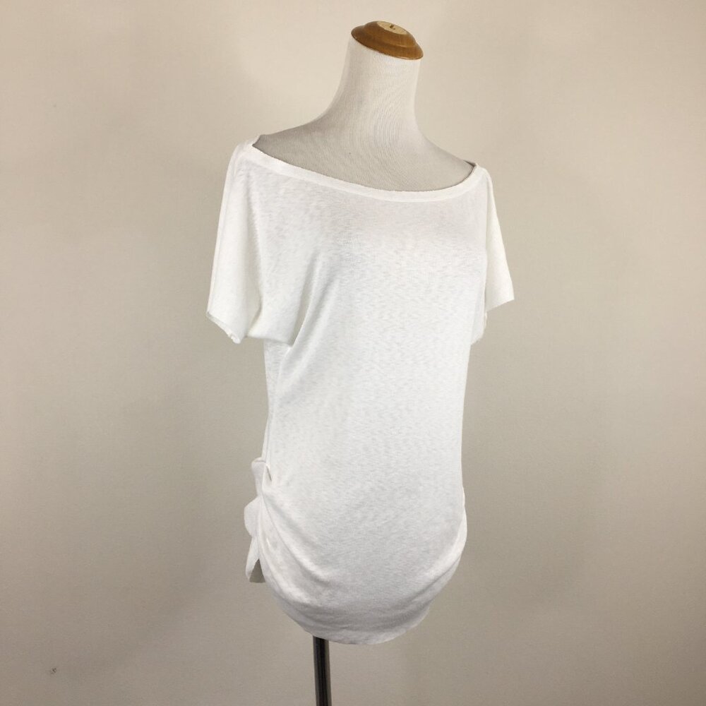 Rachel-RACHEL ROY Relaxed Fit White Ruching Rounded Hem Short Sleeve Shirt Top
